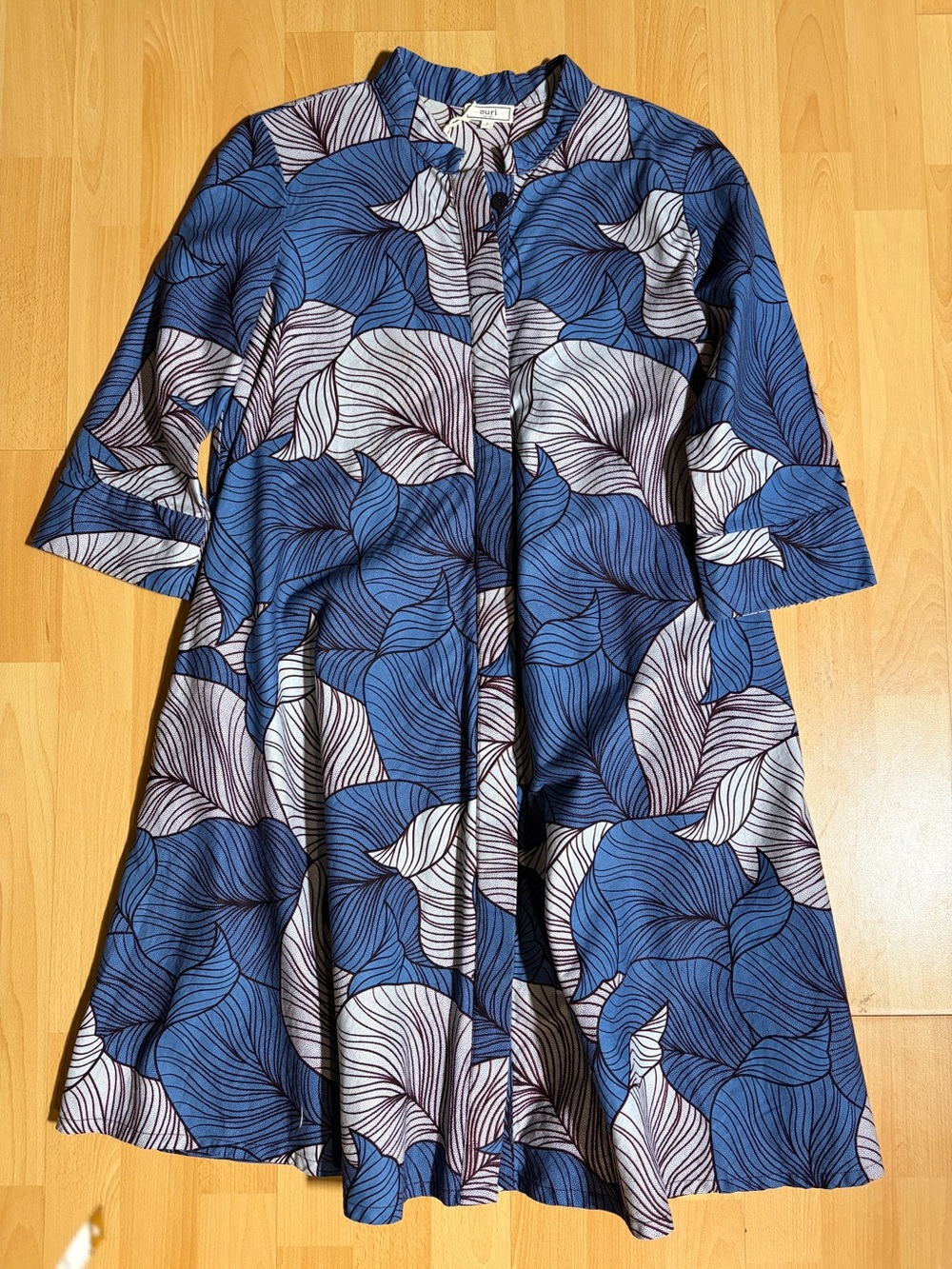 Zuri Hand Dyed & Printed Dress Blue & White Leaf Motif S